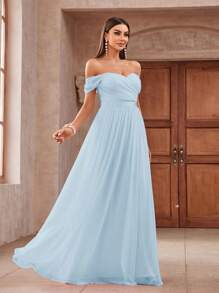 Aureia Romantic And Elegant Bright Silk Gauze Off Shoulder Pleated Ribbon Decorated Waist Section Fluffy And Elegant Mesh Bridesmaid Dress - Baby Blue - View 4
