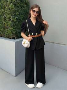 Firerie Kids Firerie Kids Nova Glow Tween Girl 两件套黑色复古喇叭袖修身西装外套和直筒裤 - 黑色 - 查看 3