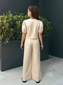 SHEIN Nova Glow Tween 女童休闲时尚圆领泡泡袖上衣和裤子套装