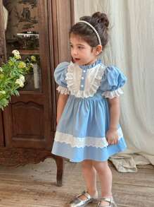 LMoss Kids Baby Girl Woven Contrast Ruffle Trim Balloon Sleeve Casual Dress - Blue - View 3