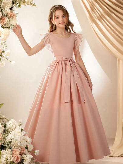 Elegant Lace Ruffle Pink Dress With Bow Belt For Flower Girls, Fashion Minimalist Sweet Party Long Gown