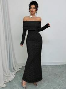 Elenzga Sexy Elegant1pc Women's Lace Off Shoulder Long Sleeve Long Dress Maxi Dress, Suitable For Romantic Dates And Vacations - Black - View 5