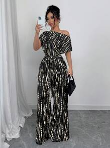 Elenzga 女士扎染印花不对称领口蝙蝠袖连体裤，时尚休闲，适合约会、工作、度假、假日、波西米亚风格、夏季