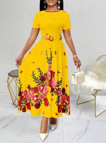 SHEIN Clasi Round Neck Jacquard Waist Design Dress For Women - Multicolor - View 6