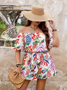 SHEIN LUNE Combinaison courte à imprimé floral et épaules dénudées pour femmes grandes tailles - Multicolore - Voir 1