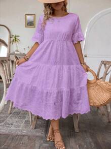 Plus Size Women's Elegant Floral Burning Embroidery Round Neck Short Sleeve Dress With Ruffled Hem For Vacation Maxi Women Outfit - Purple - View 4