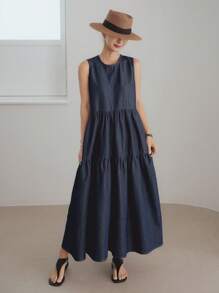 Dazy-Less Natural Color Washed Straight Splicing Nature Style Women Denim Dress Business Casual Women