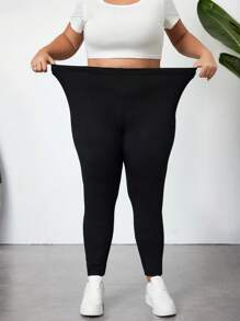 SHEIN CURVE+ 加大码女式基本款紧身裤，可调节松紧腰身，曲线加大，波西米亚度假风 - 黑色 - 查看 5