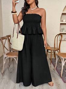 SHEIN Clasi 大码女式褶皱面料露肩荷叶边下摆阔腿裤两件套，春夏季度假风格