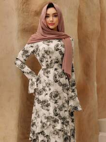 Graceveil Women's Ruffled Long Sleeve Waisted Retro Romantic Big Hem Dress Floral Maxi Dress Women, Modest - Chocolate Brown - View 6