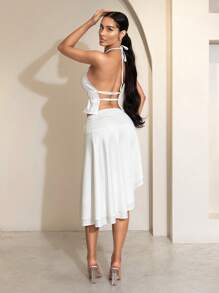 SHEIN Unity 女士纯色褶皱不对称下摆半身裙 - 白色 - 查看 2