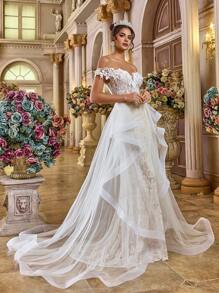 Glamrae 夏季优雅浪漫华丽白色蕾丝拼接网眼甜心领口奢华亮片刺绣贴花修身鱼尾加拖尾拼接不对称大飘逸连体适合度假蜜月晚宴婚礼活动婚宴宾客礼服女唯美新娘婚纱 - 白色 - 查看 5