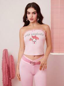 HELLO KITTY AND FRIENDS | SHEIN Women's Tight Sweet Contrast Lace Bow Decor Pink Ribbed Fabric Cartoon Casual Cute Print Tube Top, Comfortable For Summer - Pink - View 3