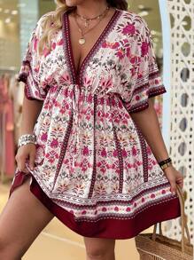 Breezaya Vintage-Blumenmuster V-Ausschnitt Taille gerafft Ärmel Kleid, modischer Frühlings-/Sommer-Urlaubsstil - Rot - Übersicht 3