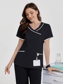 TaskEZ 短袖简约时尚/护理手术服上衣，适合夏季 - 黑與白 - 查看 6