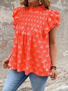 Breezaya 大码女式节日花卉印花立领荷叶边袖褶皱衬衫 - 彩色 - 查看 3