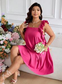 SHEIN Frenchy 大码女式夏季浪漫优雅荷叶边拼布连衣裙，适合海滩度假、婚礼季节、浪漫约会 - 玫紅色 - 查看 6