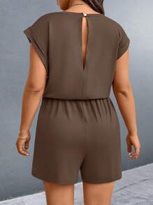 SHEIN LUNE Plus Size Women Solid Color Round Neck Short Sleeve Casual Jumpsuit - Brown - View 2