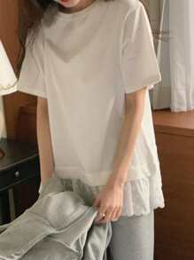 DAZY T-shirt casual da ragazza con scollo tondo, maniche corte, dettagli in pizzo a contrasto, con volant