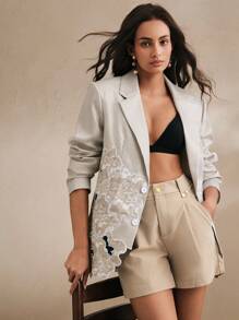 Anewsta Elegant Blue & White Striped Embroidered Slim Fit Women Blazer