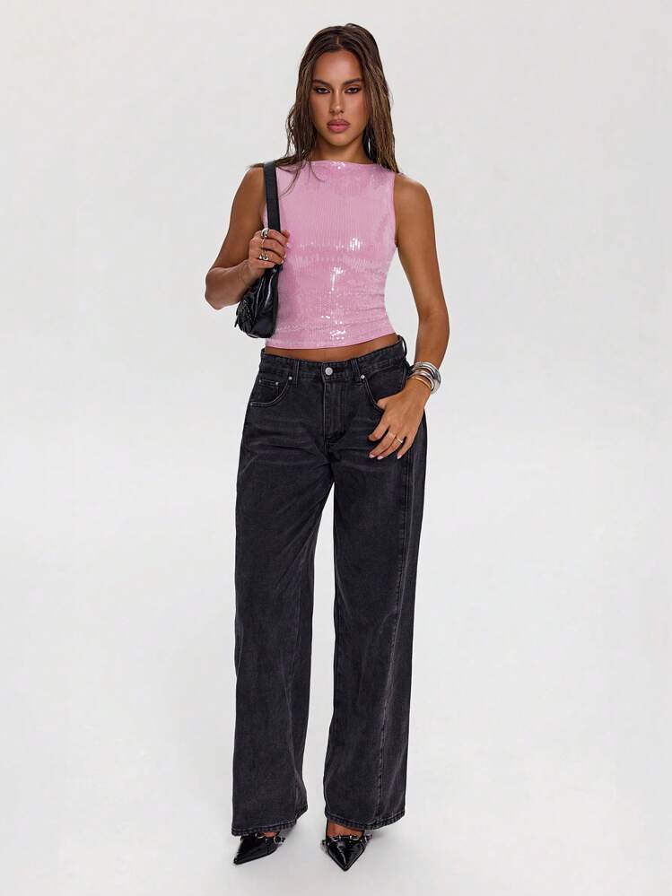 SHEIN BAE HEIN BAE Olive Green Solid Color Casual Sleeveless Asymmetrical Hem Sparkly Top, Suitable For Date Night, Party, Afternoon Tea, Wedding, Birthday, Valentine's Day, Concert, Minimalist And Fashionable, Wear Out At Night, Club, Rave Top,Valentine's Day,Valentine Outfits For Women - Baby Pink - View 4