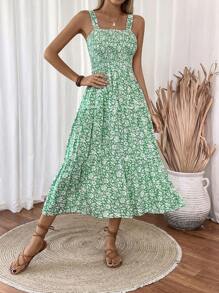 Breezaya 女士度假花卉印花无袖褶皱荷叶边下摆连衣裙 - 綠色 - 查看 3