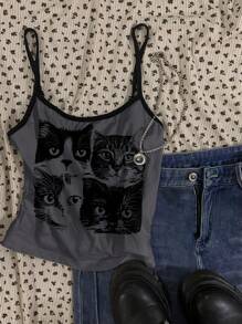 Attitoon 女士短款性感猫咪印花背心，适合夏季 - 彩色 - 查看 1