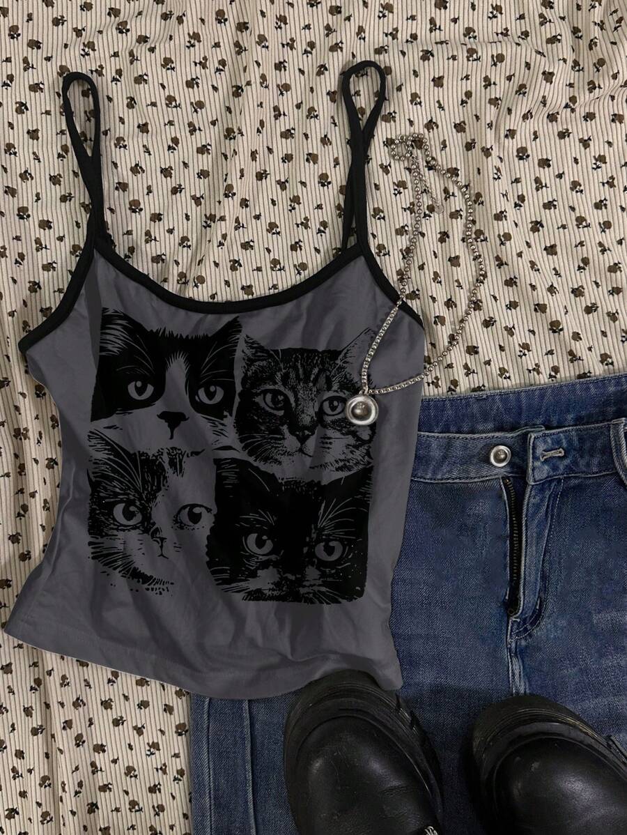 Attitoon 女士短款性感猫咪印花背心，适合夏季 - 彩色 - 查看 1
