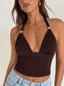 Aloruh Women's Solid Color Pleated Form-Fitting Halter Neck Knit Camisole,Rave Top - Coffee Brown - View 1