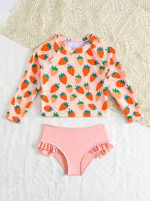 SHEIN Young Girls Long Sleeve Swimwear Set,2pcs Ditsy Floral Rash Guard&Ruffle Trim Shorts Bikini,Cute Rococo Style Swimming Suit For Summer,Beach,Holiday - Pink - View 4