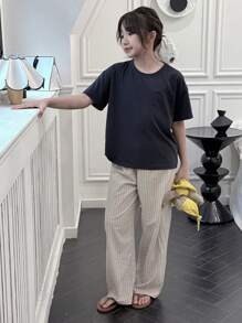 DAZY 2pcs Tween Girl Fall Outfit Set - Girl's Round Neck Short Sleeve Knit T-Shirt + Woven Striped Pants, Spring/Summer - Navy Blue - View 3