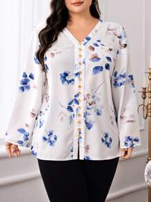 Lacomfia Plus Size Women Floral Print V-Neck Long Sleeve Button Design Blouse