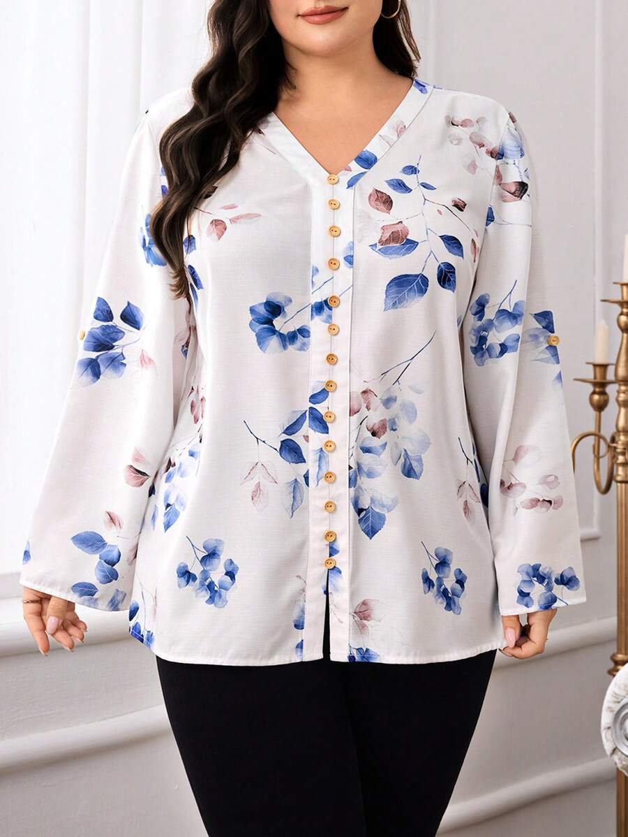 Lacomfia Plus Size Women Floral Print V-Neck Long Sleeve Button Design Blouse