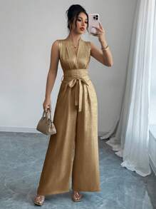 Elenzga Women's Woven Gold Loose Deep V-Neck Jumpsuit With Pockets And Belt, Suitable For Parties, Music Festivals, Eid, Weddings, Summer - Coffee Brown - View 6