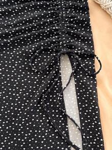 Soleia 2 件套女士度假针织纹理吊带背心和心形印花抽绳开衩裙 - 黑色 - 查看 4