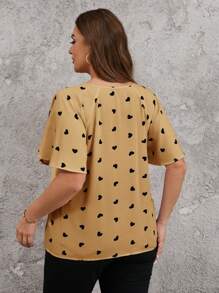SHEIN Clasi Plus Size Elegant Bow Collar Ruffle Sleeve Heart Print Summer Shirt - Apricot - View 2