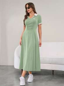 Seusyu 女式撞色荷叶边领短袖休闲连衣裙