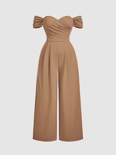 SHEIN MOD 大码女式纯色露肩褶皱简约休闲天鹅绒紧身连体裤，女式连体裤，公主女装，新年，情人节