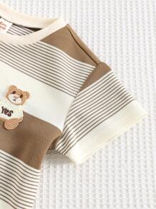 Cozy Pixies Set de 2 piezas de camisa de punto de cuello redondo de manga corta con rayas de colores y pantalones cortos de cintura elástica para niños