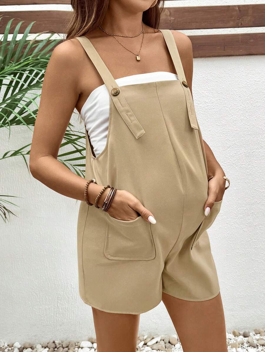 SHEIN Maternity Casual Khaki Woven Fabric Pocket Detail Sleeveless Strap Short Jumpsuit For Everyday Comfort - Khaki - View 1