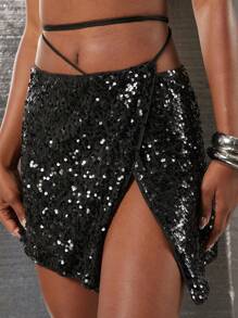 NYA SZN 裙子亮片派对夜场迷你裙俱乐部派对俱乐部音乐会节日秋夏女士服装 - 黑色 - 查看 3