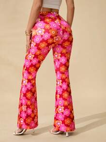SHEIN PETITE Women's Elastic Printed Flare Pants, Simple & Fashionable, Suitable For Summer - Multicolor - View 2