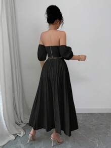 Elenzga 2 件套：3D 花卉装饰露肩上衣和百褶裙 - 黑色 - 查看 2