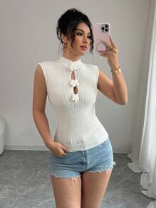 SHEIN Clasi 女士镂空花卉 3D 针织毛衣 - 白色 - 查看 1