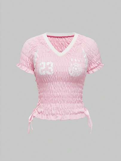 ROMWE Avant Women's Numeric Print V-Neck Ruched Cropped Fashion T-Shirt