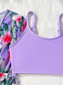 3-Piece Toddler/Little Kids Swimsuit Set, Random Floral Print With Ruffle Trim - Purple - View 3