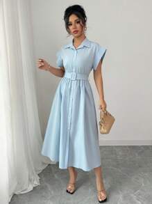 Rafferiza Women's Light Blue Collared Midi Vacation Dress, Spring/Summer - Blue - View 5