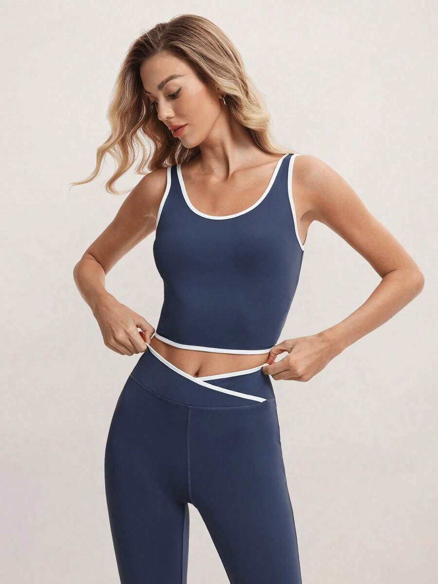 Activina Women Contrast Color Trimmed Sleeveless Top And Flare Pants Sports Suitwomen Workout Set - Blue - View 1
