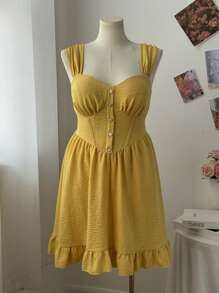 Flirla 新款优雅法式春季连衣裙，搭配迷人发夹公主设计，吊带领甜美度假迷你连衣裙，合身喇叭下摆 - 黃色 - 查看 5