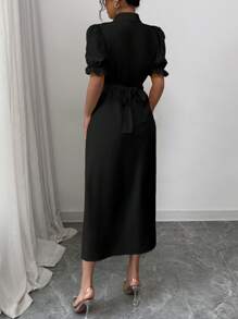 Selianne Elegant French Style Casual Day Versatile Collared Cross Tie Flounce Puff Sleeve Open Front Dress, Buttercup Yellow For Women, Spring/Summer - Black - View 2